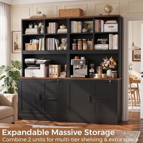 Vertical File Cabinet Bookcase with Printer Stand & Charging Station, Black - Image 4