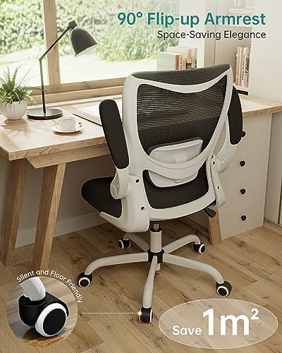 MUXX.STIL Office Chair, Ergonomic Desk Chair with Adjustable Lumbar Support and Flip up Armrest, Breathable Mesh Computer Chair for Home Office, White - Image 3