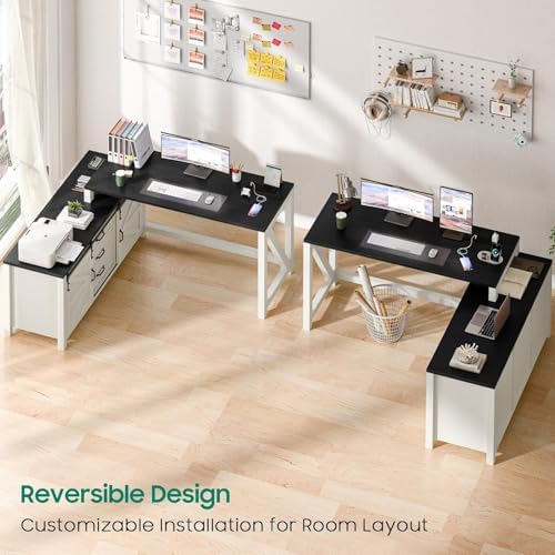 Executive L Shaped Office Desk with Drawers, Farmhouse Corner Desk for Home Office with Storage Cabinet, Computer Desk with Charging Station, Reversible Study Writing Table Workstation, Rustic White - Image 7