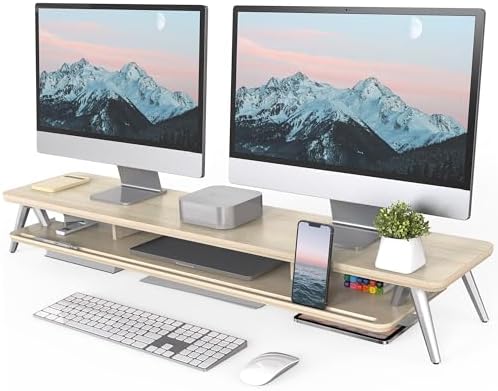 Fenge Dual Monitor Stand Riser, Wooden Desk Shelf with 2-Tier Storage by Fenge