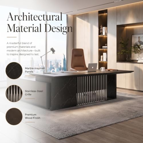 86.6” Luxury Executive Desk, L Shaped Office Desk with Storage & Wireless Charging, Marble Texture Modern CEO Desk with 304 Stainless Steel Grille, for CEO Office & Designer Home Office (Left) - Image 6