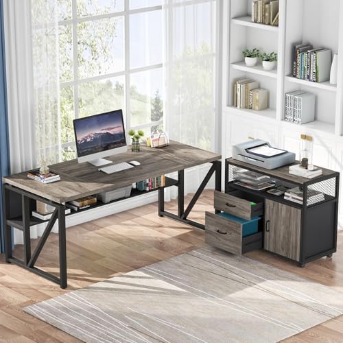 Tribesigns L Shaped Desk with Drawer Cabinet, 63" Executive Computer Desk and lateral File Cabinet, 2 Piece Home Office Furniture with Drawers for Hanging File, Doors with Locks (Gray, 63 inches) - Image 3