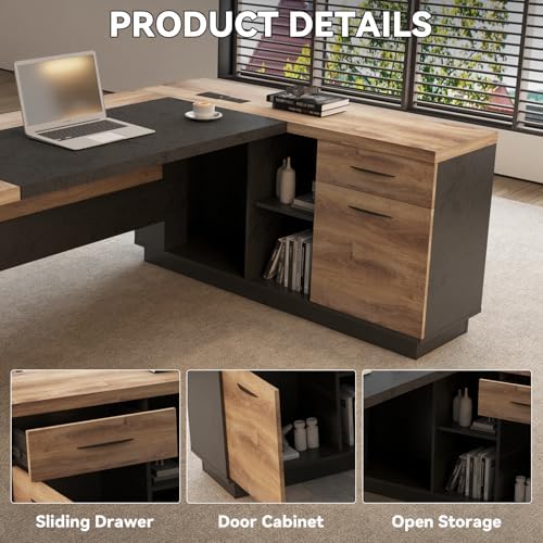 L Shape Executive Desk, Large Office Desk with Drawers & Shelves, 78.74 Inches Industrial Wooden Desk with Storage, Modern Computer Desk for Home Office, Black and Wood, Left Side - Image 5
