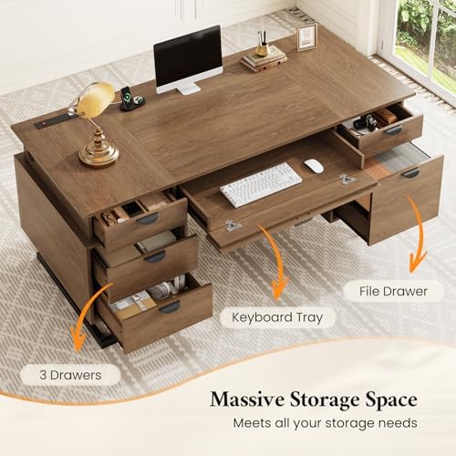 63" W x 27.6" D Executive Desk with 2 Cabinets & Power Outlet - Image 4