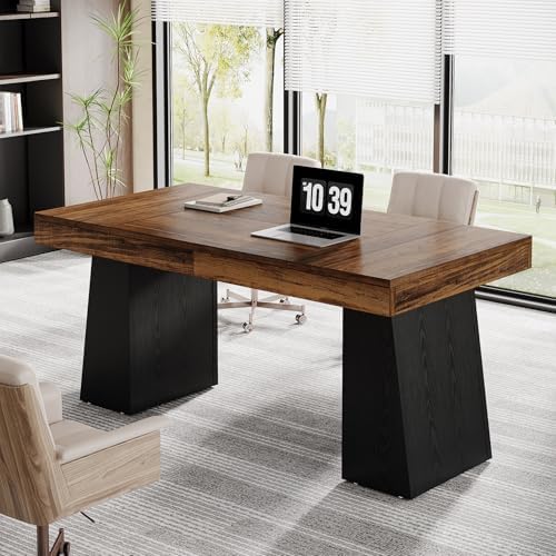 Tribesigns 55 Inches Executive Desk, Mid-Century Modern Home Office Desk, Wood Computer Table Business Workstation Small Conference Table, Black & Brown by Tribesigns