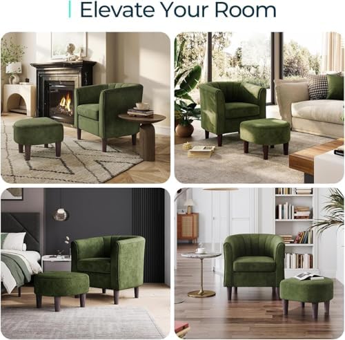 LINSY Accent Chair with Ottoman, Modern Armchair Comfy Barrel Reading Chair with Footrest for Living Room Bedroom Reading Room, Velvet, Olive Green - Image 6