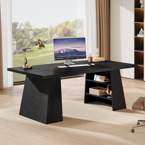 Tribesigns 63-Inch Executive Desk, Modern Black Office Desk with Double Pedestal and Storage Shelves, Simple Large Computer Writing Conference Table Workstations Business Furniture for Home Office - Image 3