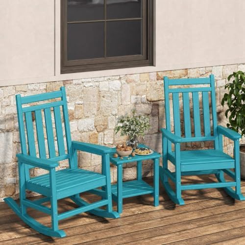 HDPE Rocking Chair Outdoor Set of 2 with Side Table, High Back Rocker by Garvee