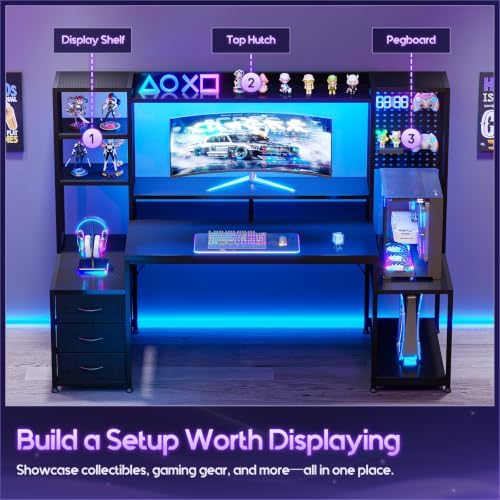 AODK 67 Inch Gaming Desk with Storage Shelves, 3 Drawers, LED Lights, Hutch - Image 4