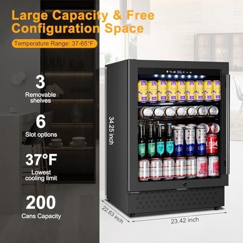 FoMup Beverage Refrigerator 24 Inch 200 Can Drink Fridge with Glass Door, Under Counter/Freestanding Beverage Cooler with Temperature Control, Reversible Door, Quick Cooling for Beer Soda Wine, Black - Image 4