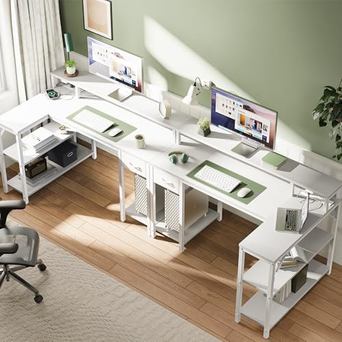 SUPERJARE 47 inch Reversible L Shaped Desk with LED Lights & Power Outlets, Computer Desk with Shelves & Monitor Stand, Gaming Desk with Drawer, Home Office Desk Corner Desk, PU White Drawer - Image 6