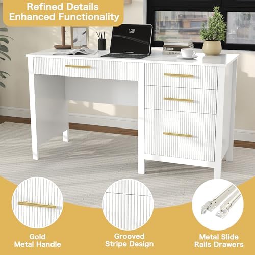 Executive Desk with Drawers: 54" White Home Office Desks with File Drawer - Image 4