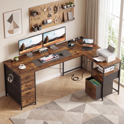 63 Inch L Shaped Office Desk with 6 Drawers & Type-C Port, Rustic Brown - Image 2