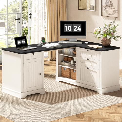 Farmhouse L Shaped Desk with Drawers, Corner Computer Desk for Home Office by Vabches