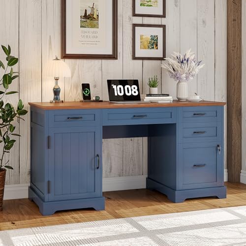 Whalefall 55'' Farmhouse Desk Home Office with Drawers, Blue - Image 3