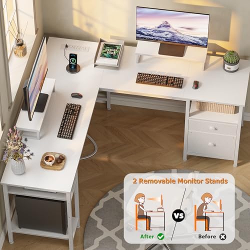 Furologee White 59” L Shaped Desk with Power Outlet, Reversible Computer Desk with File Drawer & 2 Monitor Stands, Corner Home Office Table with Storage Shelves for Gaming Writing - Image 5
