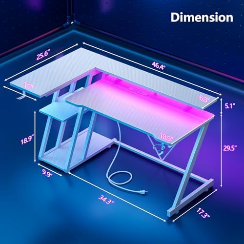 Korfile 47 Inch White Gaming Desk with Power Outlet & LED Lights, Corner Computer Desk with 3 Tiers Storage Shelves, L Shaped Gaming Desk with Monitor Stand for Bedroom - Image 2