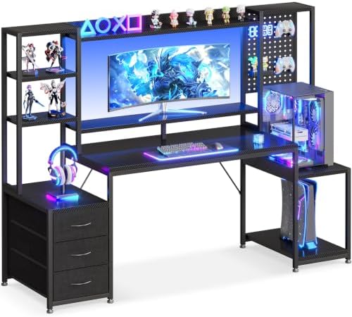 AODK 67 Inch Gaming Desk with Storage Shelves, 3 Drawers, LED Lights, Hutch by AODK