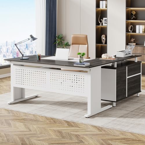 Tribesigns 63 Inch Executive Desk with File Cabinet, L Shaped Office Desk with Drawers and Storage Shelves, Business Furniture Set Workstation for Home Office, Gray and White by Tribesigns