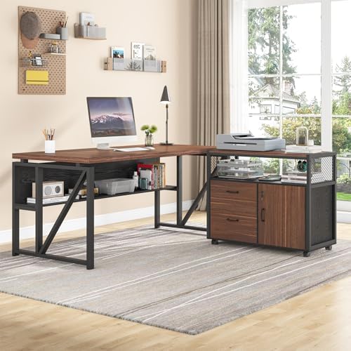 Tribesigns 63" Executive Deskwith Drawer Cabinet, L Shaped Desk and lateral File Cabinet, 2 Piece Home Office Furniture Set with Drawers for Hanging, Doors with Locks - Image 4