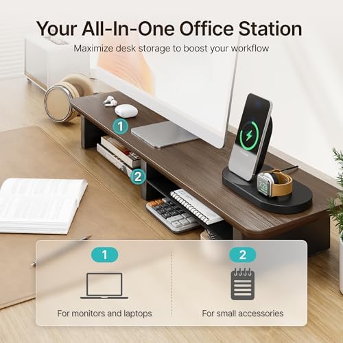 PEGZONE 31.5" Dual Monitor Riser, Metal Shelf Wooden Desk Organizer - Image 4