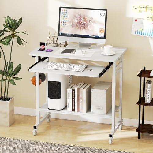 Tangkula Rolling Computer Desk Cart with Keyboard Tray, Mobile Portable Laptop PC Desk with CPU Stand & 3 Hooks for Sofa & Bed, Compact Small Desk on Wheels for Small Spaces (White) - Image 2