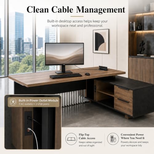 70.86 inch Inch Large Executive Desk with Drawers Cabinet, L Shaped Office Desk, Computer Desk with Universal Charging Ports and Cable Management for Business Furniture Set Workstation for Home Office - Image 6