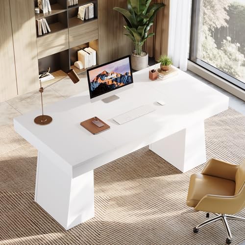 Tribesigns 55-Inch Executive Desk, Large Wood Office Computer Desk with Double Pedestal, Modern Minimalist Workstations Writing Table Conference Table Furniture for Home Office, White - Image 4