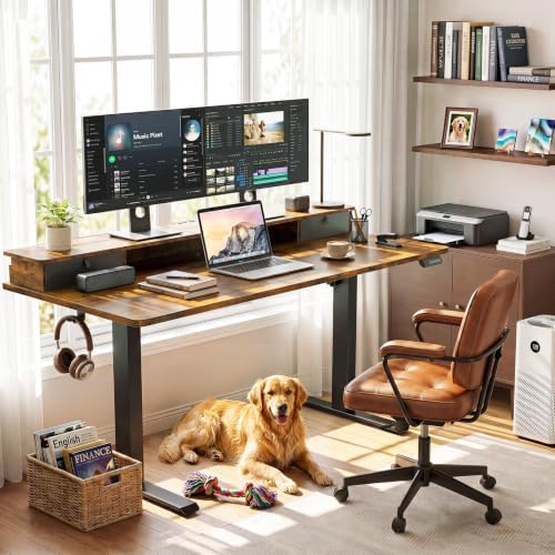 Veken 63x28 in Electric Standing Desk with Drawers, Adjustable Table, Brown - Image 2