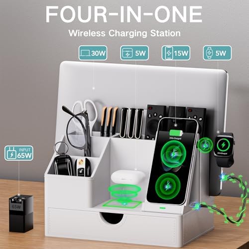 Sleek White PU Leather Charging Station with Drawer - 6-in-1 Multi-Device Desktop Organizer Docking Hub for iPad, Tablet, Laptop, Phone, Watch, Office Home Gift Idea - Image 2