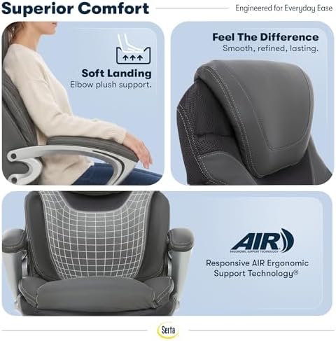 Serta Bryce Executive Office Chair - Ergonomic Computer Desk Chair with Patented AIR Lumbar Technology - Adjustable Height - Memory Foam Body Pillows - 360° Swivel Rolling Base - Bonded Leather - Gray - Image 5