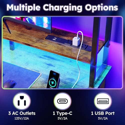 MUTUN 47 Inch Computer Gaming Desk with Hutch Power Outlet and LED Strip, Home Office Work Study Writing Desk with 6 Fabric Drawers and Storage for Bedroom, Escritorios para Computadoras, Black - Image 5