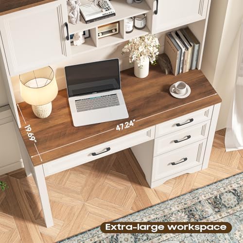 Vabches Farmhouse Executive Desk with 4 Drawers and Storage Cabinet, Rustic Large Home Writing Desk with Hutch, Workstation for Bedroom, White - Image 6