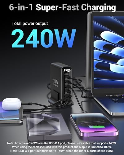 TOPADRE 240W USB C Charger with Display,6 Ports Charging Station - Image 2