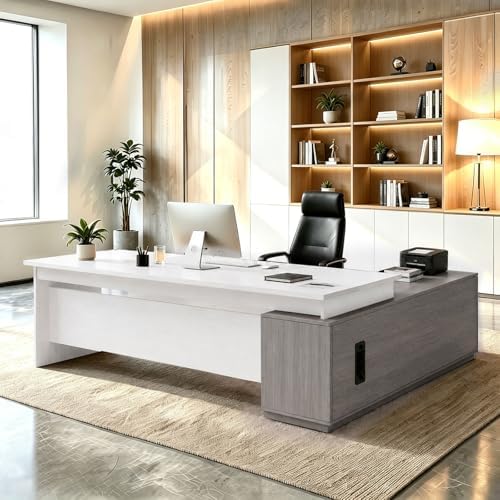 L Shaped Executive Desk with Drawers, Large Wood Workstation, Modern Executive Office Furniture for Home Office and Business Workspace, Multiple Sizes & Colors by Unknown