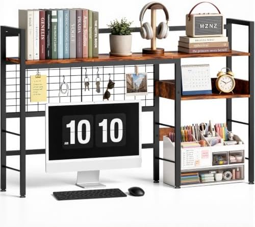 Desk Shelf, 44.9" Desk Hutch with Pegboard Hooks Set, Rustic Brown by MZNZ