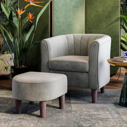 LINSY Accent Chair with Ottoman, Modern Barrel Chair Small Armchair Reading Chair with Footrest, Comfy Round Arms Chair for Living Room Bedroom Reading Room, Velvet(Grey) by Linsy