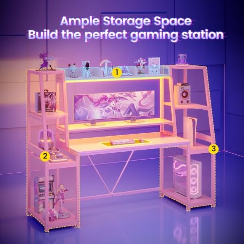 SEDETA 65.7'' Gaming Desk with LED Lights, Hutch and Storage Shelves, Pink - Image 7