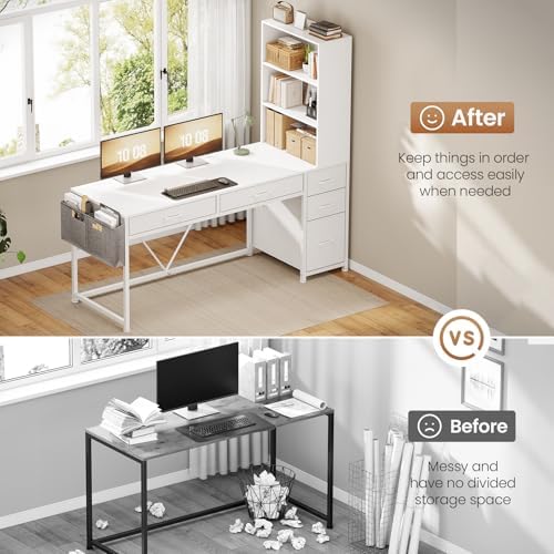 SEDETA Computer Desk with 5 Drawers and Bookshelf, Reversible Home Office Desk with Storage Shelves and File Drawer, Gaming Desk with LED Lights for Small Spaces, White - Image 5