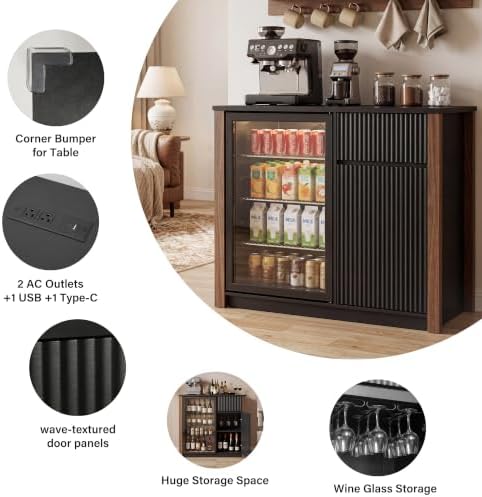 Mini Fridge Cabinet with Storage & Power Outlet, Coffee Bar Cabinet, Black - Image 6