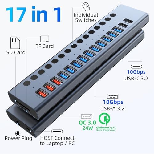 VANGREE Powered USB Hub 10Gbps, 17 Ports USB 3.2 Hub, 96W Power Adapter - Image 2