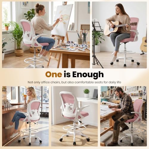 Primy Drafting Chair Tall Office Chair with Flip-up Armrests Executive Ergonomic Computer Standing Desk Chair with Lumbar Support and Adjustable Footrest Ring (Rose Quartz) - Image 4