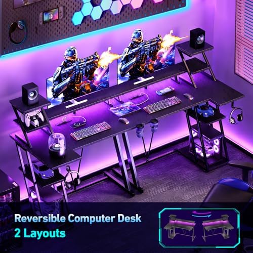 Korfile 47 Inch Gaming Desk with LED & Power Outlet, Carbon Fiber Black - Image 6