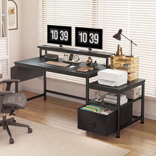 EnHomee 56.5" Office Desk with Drawers & Printer Space for Home Work,Black - Image 4