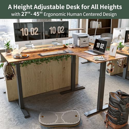 FEZIBO Triple Motor 63" L Shaped Standing Desk, Electric Standing Gaming Desk Adjustable Height, Corner Stand up Desk with Splice Board, Black Frame/Rustic Brown Top - Image 4