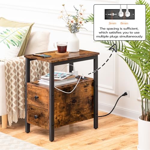 HOOBRO Set of 2 End Tables with Charging Station, Narrow Side Table with Drawers, Power Outlets, Nightstand for Small Spaces, Living Room, Stable and Sturdy, Rustic Brown and Black BF541BZP201 - Image 4