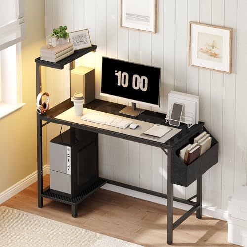 MAHANCRIS Gaming Desk, Computer Desk with Charging Station and LED Light, Small PC Desk with Side Storage Bag and Shelves, 2 Hooks, for Living Room, Home Office, Bedroom Black CDHS134E01 - Image 5