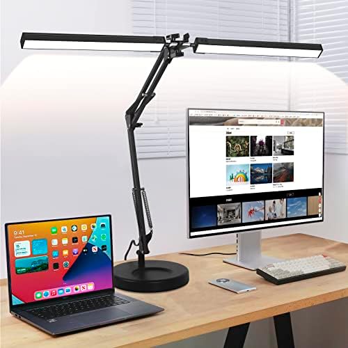 2-in-1 LED Desk Lamp, 24W Brightestwith Table Lamp with Clamp, Desk Light with Flexible Swing Arm,3 Color Modes Stepless Dimmable Double Head Architect Desk Lamps for Home Office Workbench Reading by MOLOOR