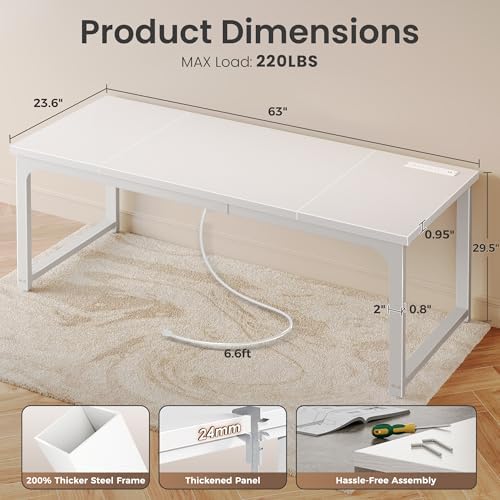 Huuger 63 x 24 inch Desk with Power Outlets & 0.95 Inch Thicker Desktop - Image 2