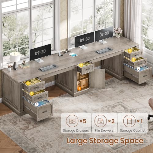 SEDETA Farmhouse 110.3" Two Person Desk with 7 Drawers, Long Computer Desk with Storage Cabinet, 2 Person Desk with Power Outlets for Home Office, Gray - Image 3